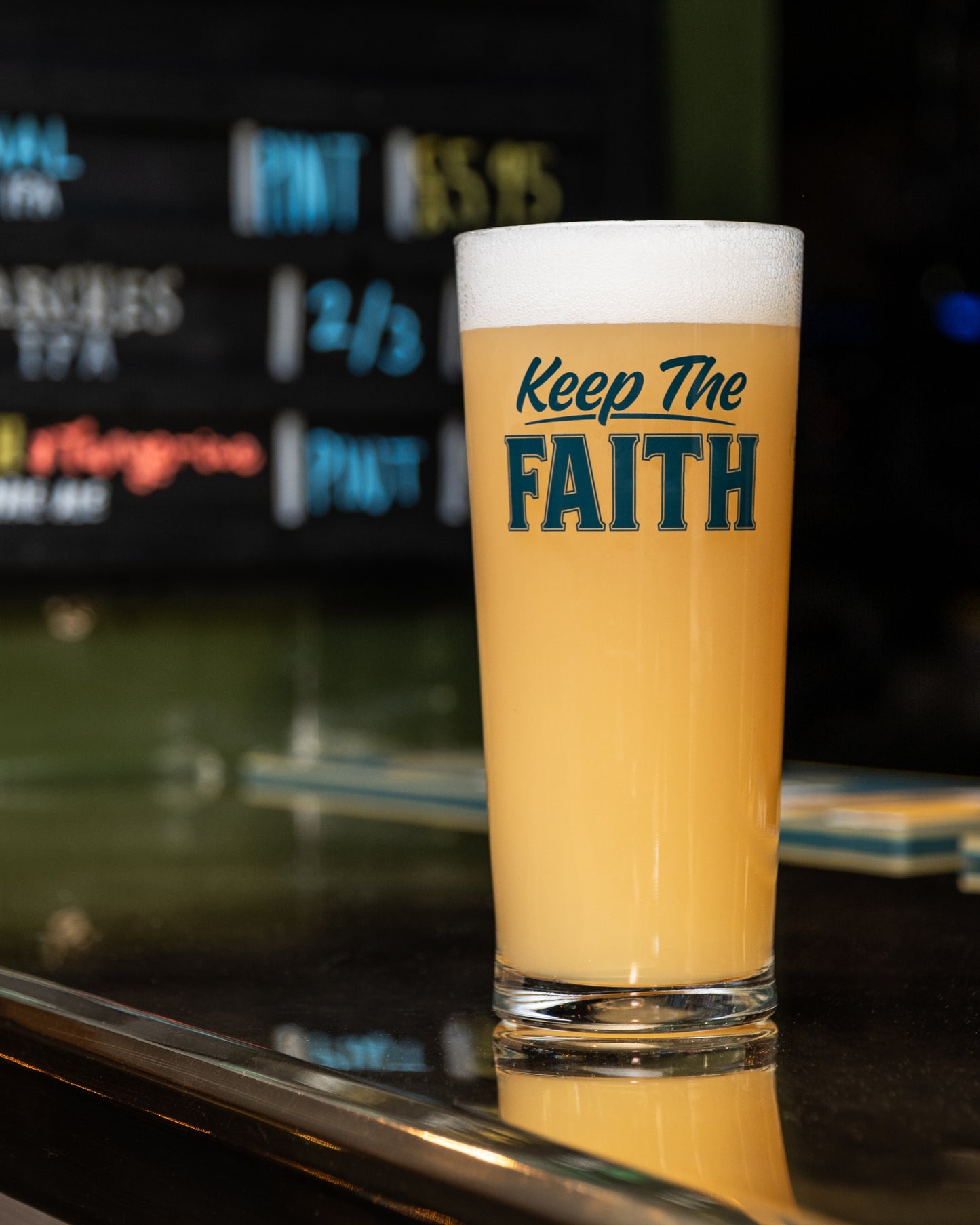 GREEN KEEP THE FAITH PINT GLASS
