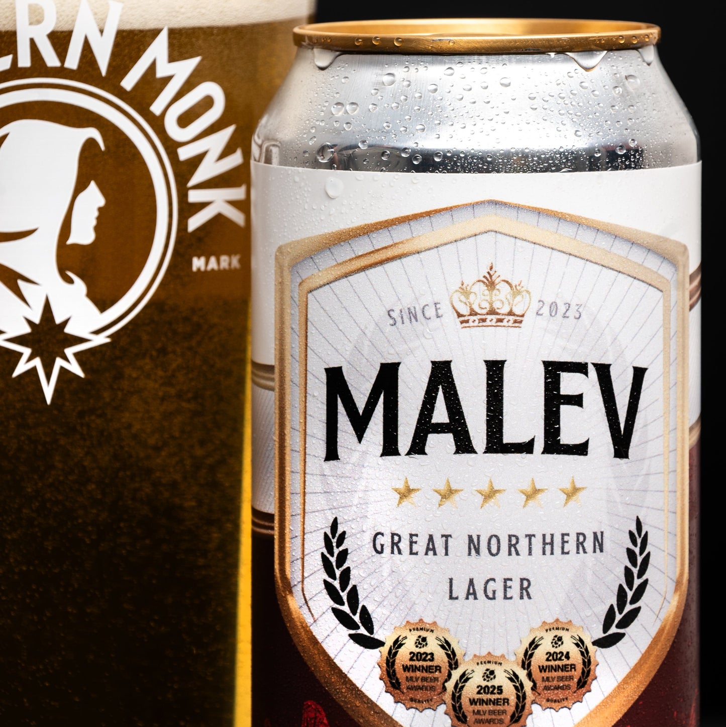 Can of Malev Lager with a blurred background