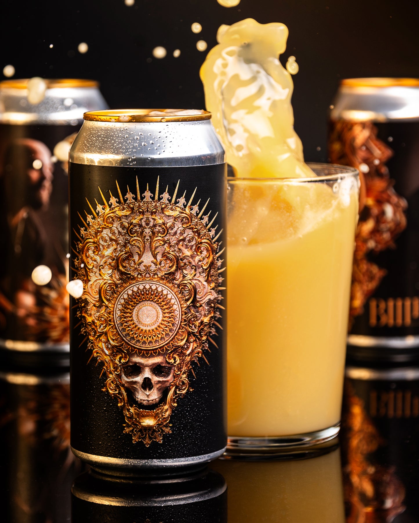 Can with dark label and golden illustration beside a glass of splashing IPA