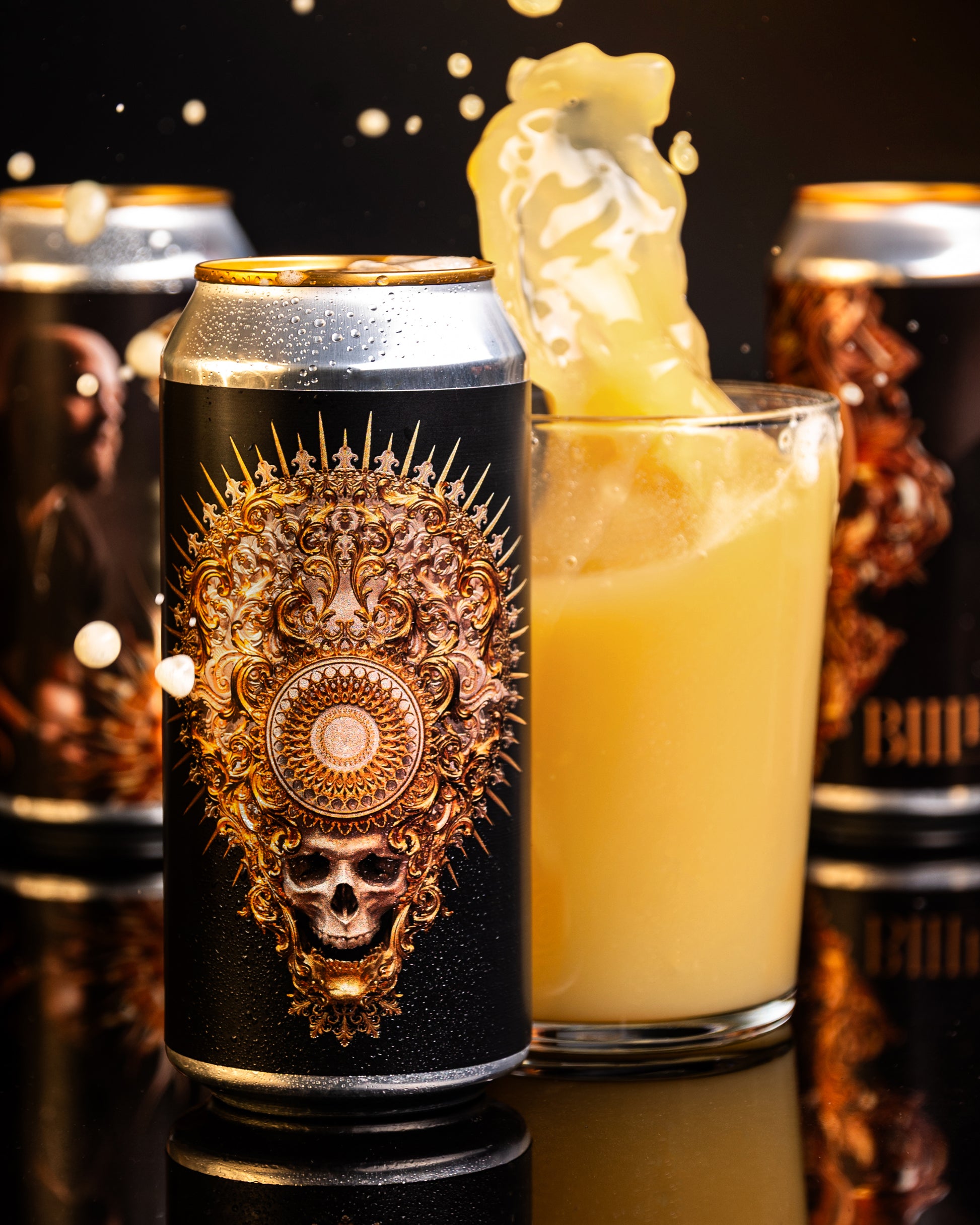 Can with dark label and golden illustration beside a glass of splashing IPA