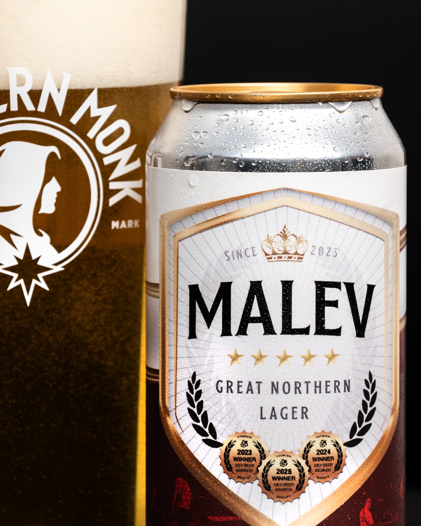 Can of Malev Lager with a blurred background