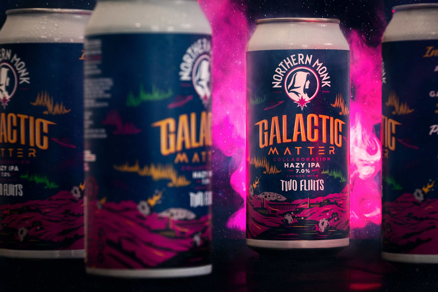 Galactic Matter Hazy IPA 7.0% by Northern Monk with vibrant cosmic design, featuring hops and fruity peach flavors.