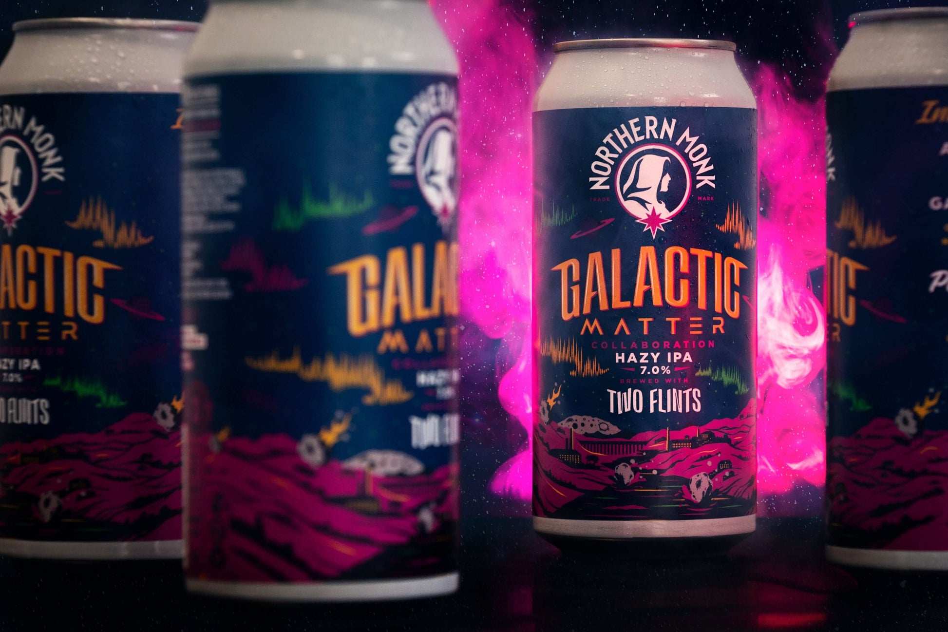 Galactic Matter Hazy IPA 7.0% by Northern Monk with vibrant cosmic design, featuring hops and fruity peach flavors.