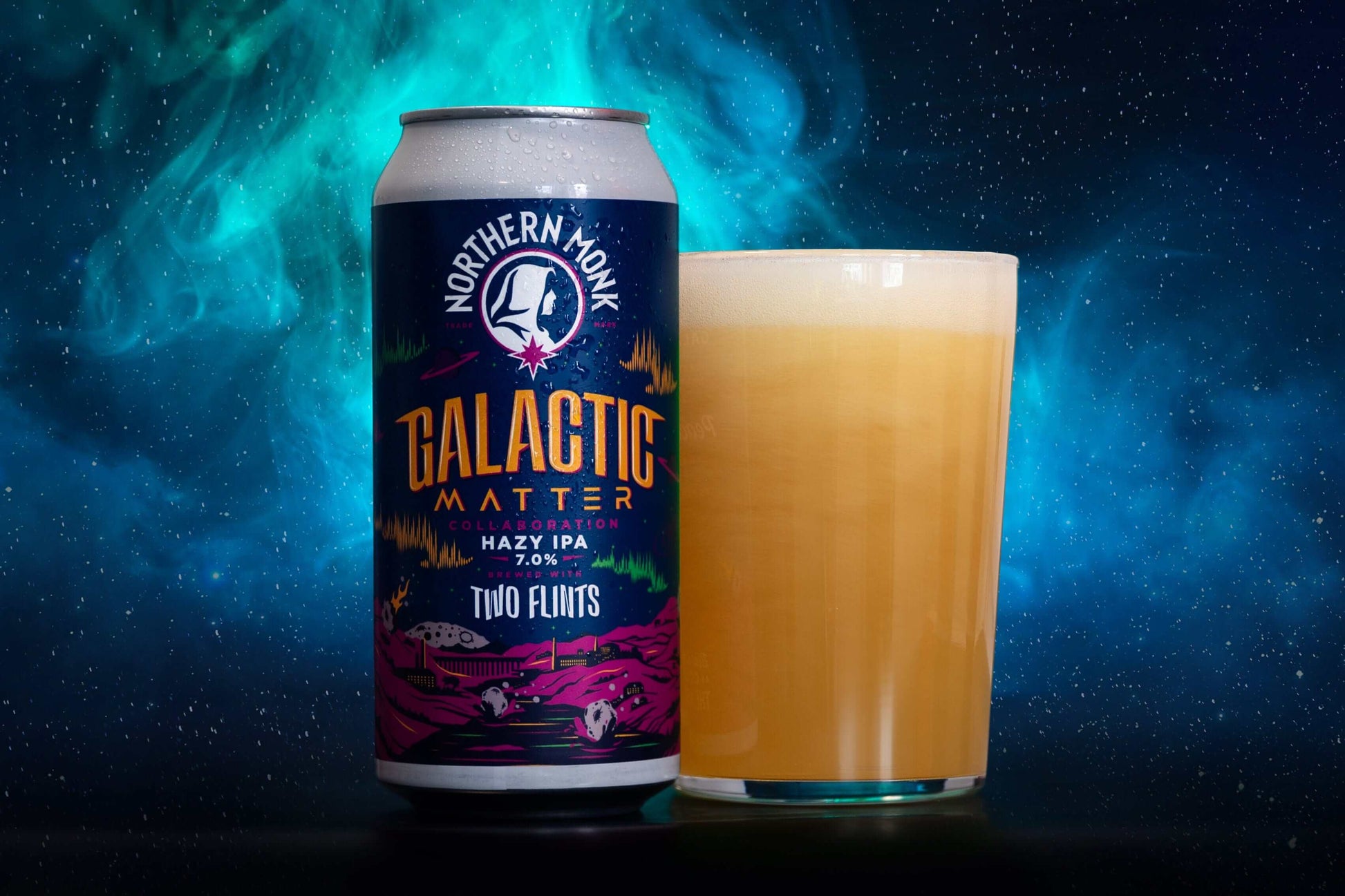 Galactic Matter Hazy IPA by Northern Monk, 7.0% ABV, featuring a can and glass against a cosmic background.