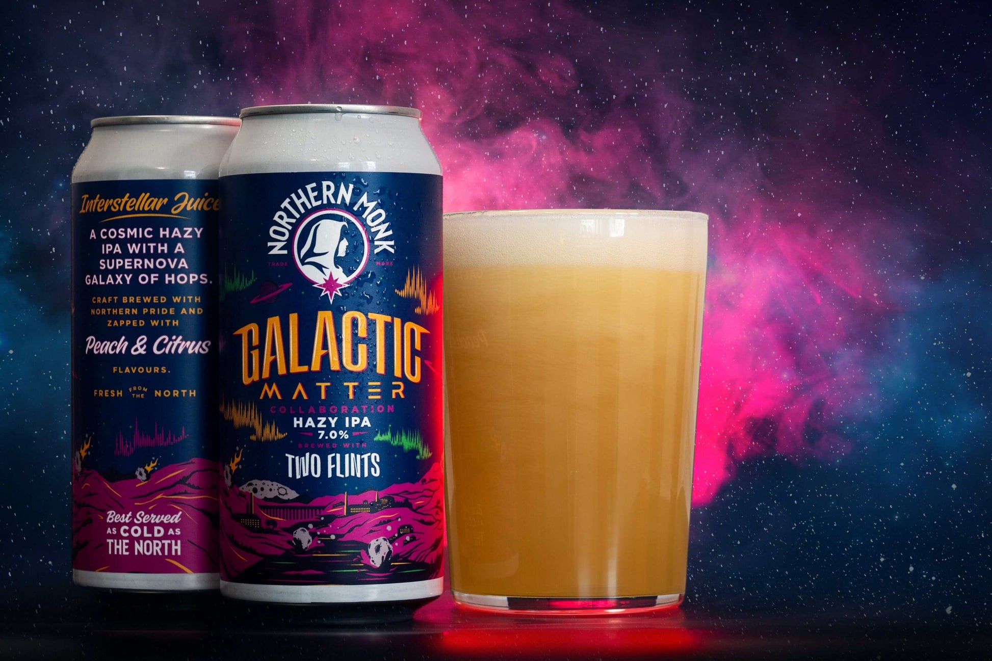 Galactic Matter Hazy IPA can and glass with cosmic background, showcasing peach and citrus flavors, 7.0% ABV.