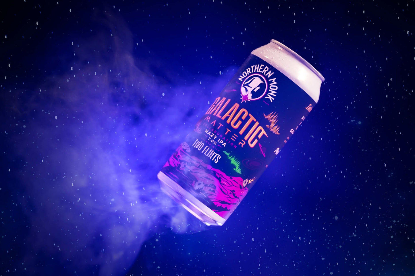 GALACTIC MATTER HAZY IPA can surrounded by cosmic space background with vibrant colors and hops graphics.